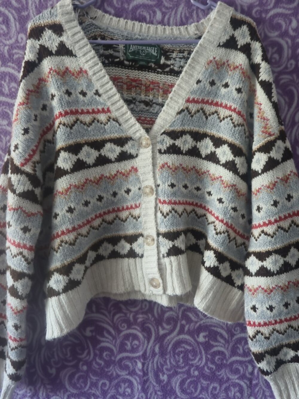 American Eagle Outfitters button up knit cropped sweater in beige and multicolor